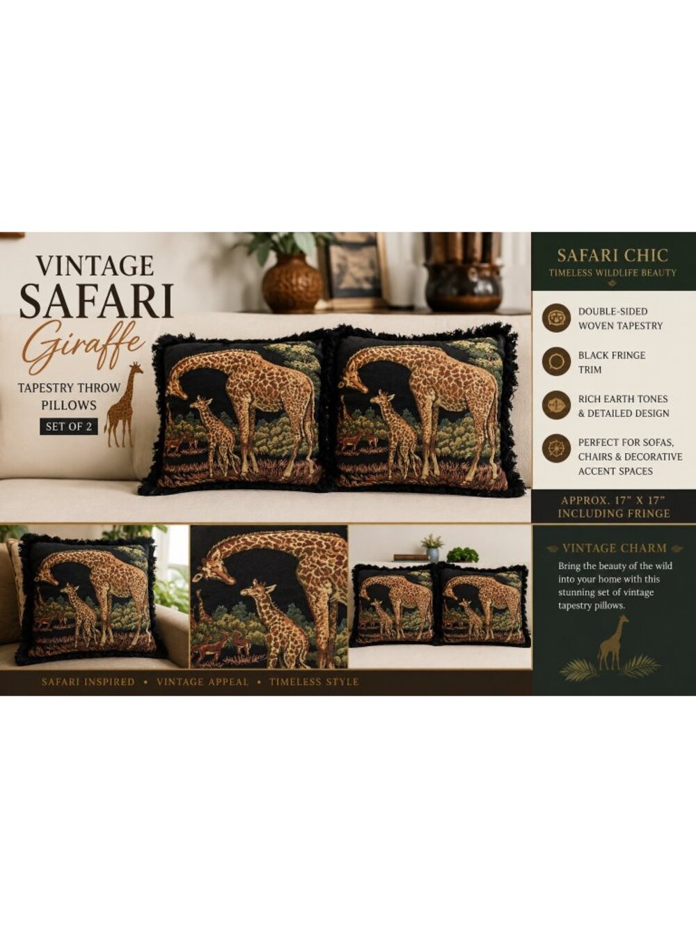 Vintage Safari Giraffe Tapestry Throw Pillows Set of 2 Black Fringe Double Sided